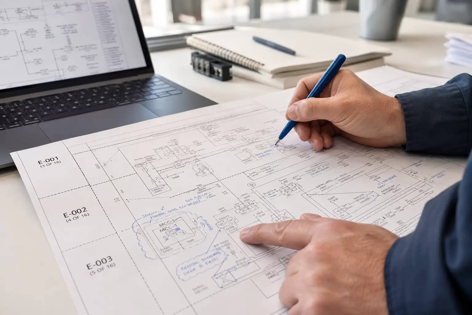 Technician hands reviewing an industrial electrical drawing beside a laptop with crops and page references visible